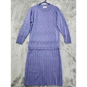Vintage 80s College Point Pointelle Knit Sweater Pleated Skirt Set Size M Purple